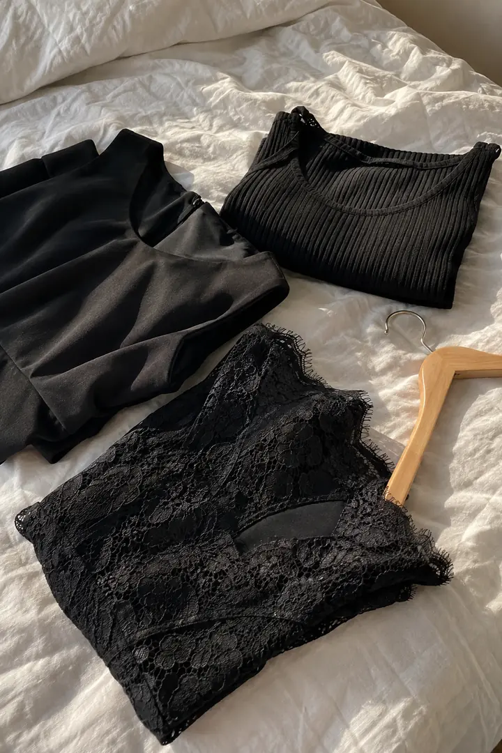 Three black garments in different fabrics laid out on light bedding